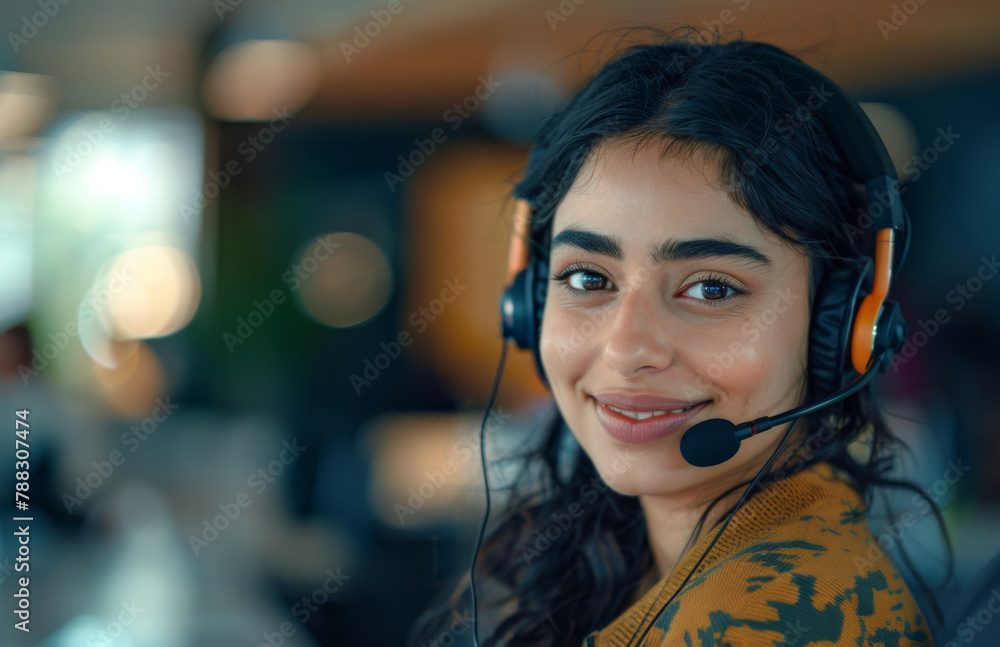 Indian, woman and headset in call centre or agent portrait, professional or consultant in workspace for telesales. Smile, career or telemarketing for support, communication service in business Indian, woman and headset in call centre or agent portrait, professional or consultant in workspace for telesales. Smile, career or telemarketing for support, communication service in business