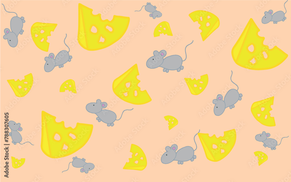 Cartoon pattern of cheese and mice. Pattern for children. Illustration with mice and a slice of cheese for printing on fabric, paper, bed linen, pajamas, stationery, wallpaper, notepads, dishes. Cartoon pattern of cheese and mice. Pattern for children. Illustration with mice and a slice of cheese for printing on fabric, paper, bed linen, pajamas, stationery, wallpaper, notepads, dishes.