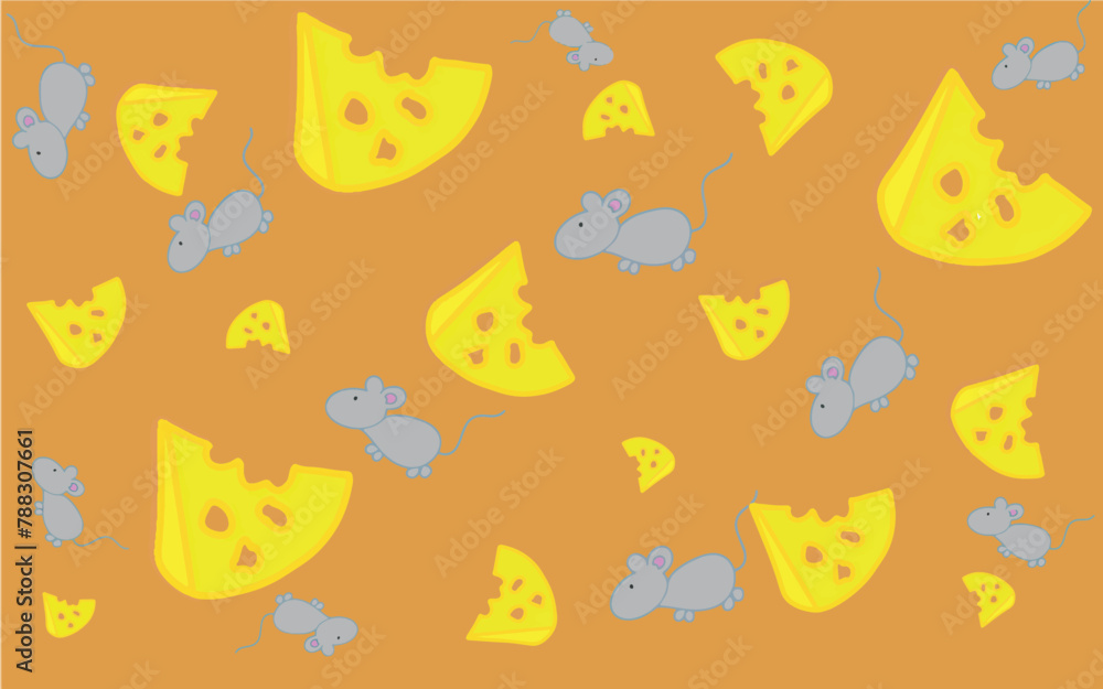Cartoon pattern of cheese and mice. Pattern for children. Illustration with mice and a slice of cheese for printing on fabric, paper, bed linen, pajamas, stationery, wallpaper, notepads, dishes. Cartoon pattern of cheese and mice. Pattern for children. Illustration with mice and a slice of cheese for printing on fabric, paper, bed linen, pajamas, stationery, wallpaper, notepads, dishes.