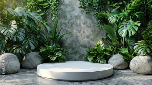 contemporary white podium stage rack front view focus with green stone and tropical leaves background perfect very realisticimage illustration photo
