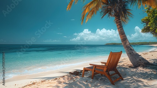 beauty of a beach chair positioned on the pristine sands  under the shade of a palm tree  against the backdrop of a clear blue sky  captured in cinematic high resolution photography.