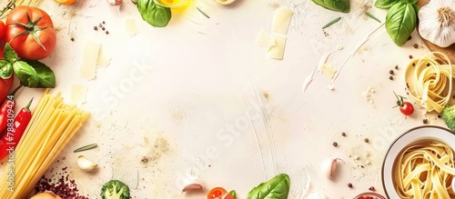 Italian cuisine cooking elements. Pasta, veggies, seasonings. Overhead perspective with blank area.