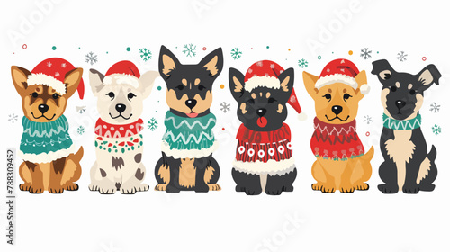 Cute dogs in sweater and santa hats cartoon illustration