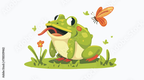 Cute frog hunting butterfly. Funny hungry toad jumping