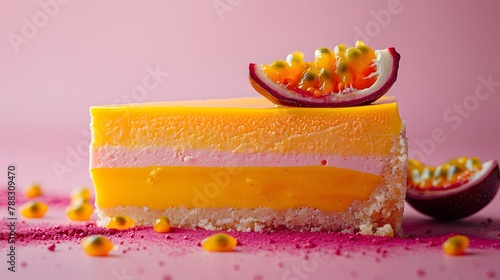 A slice of passion fruit cheesecake with layers