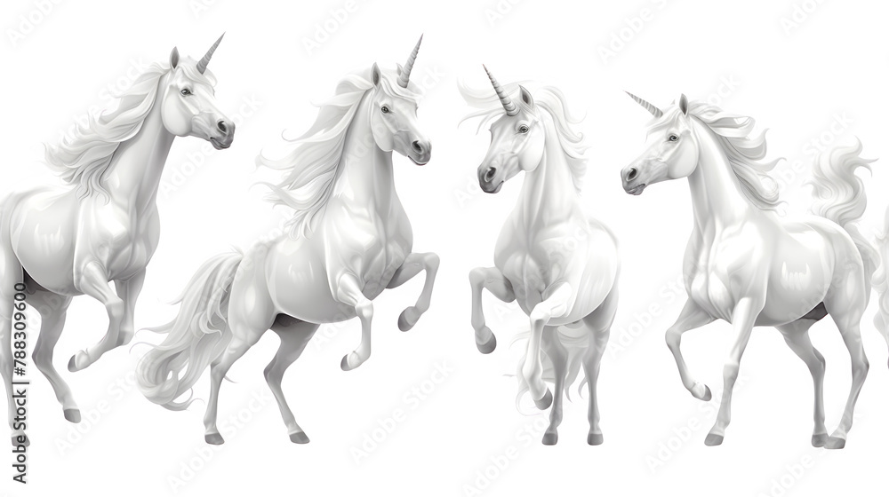 Realistic White Unicorns with Different Poses Isolated on White Background: PNG File for Fantasy Designs, Hand Edited Generative AI