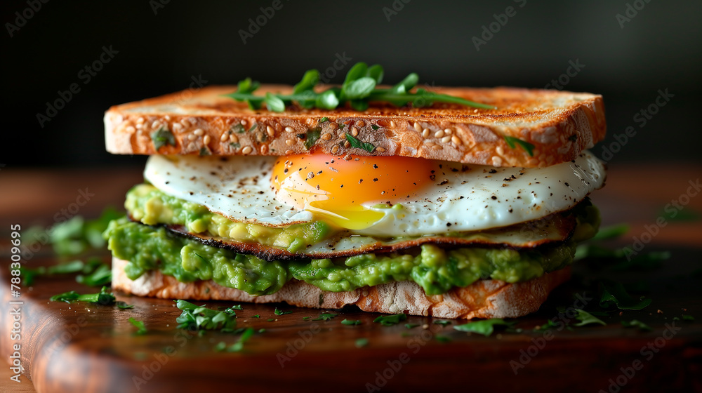 Sandwich with guacamole and fried eggs