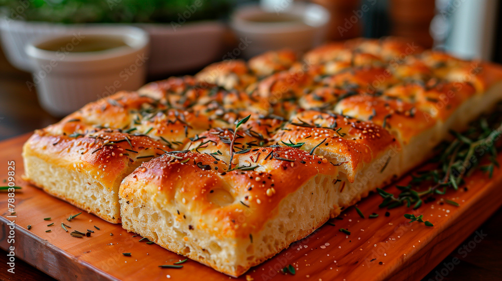 Italian focaccia with salt, rosemary and olive oil Italian focaccia with salt, rosemary and olive oil