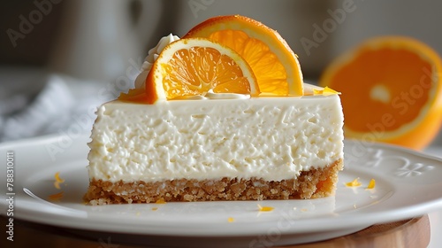 A slice of cheesecake with a citrus topping