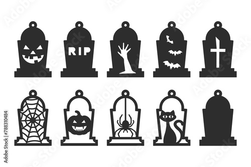 Set of 10 spooky Halloween designs of earrings, pendant or keychain with tomb shape. Jewelry silhouette cut template. Laser cutting with leather, wood or metal. Vector stencils