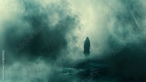 A ghostly scene with a figure shrouded in mist, set against a background that enhances its mysterious appearance.  © JennyJane