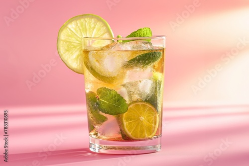 Refreshing caipirinha cocktail with lime and mint on a pink background
