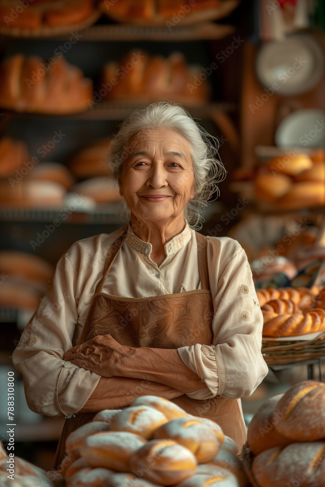 Caucasian senior woman work on bakery make bread and sale