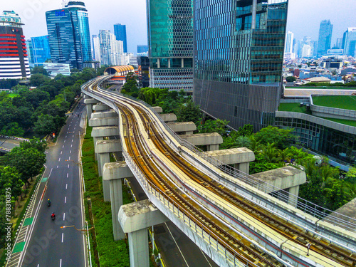 Aerial view of The Jabodebek LRT or Light Rail Transit track in Jakarta, Indonesia.