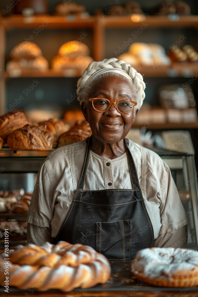 African american senior woman work on bakery make bread and sale