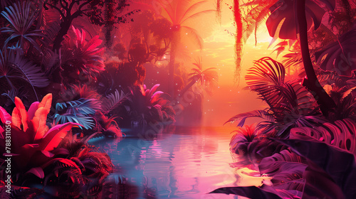 A colorful tropical jungle scene with vibrant  neoncolored foliage and water reflecting the setting sun.