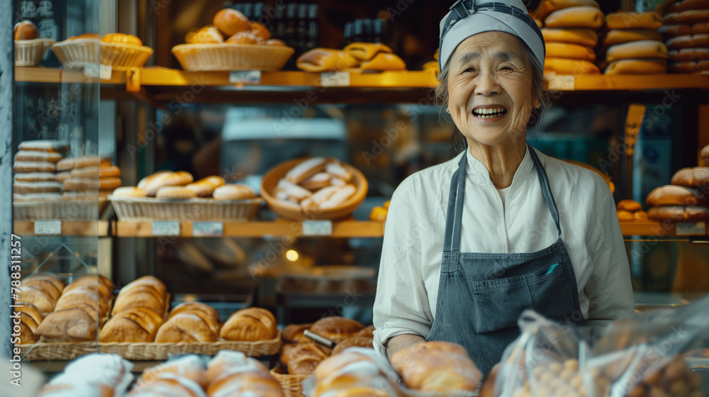 Japanese senior woman work on bakery make bread and sale