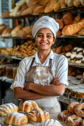 Indian young girl work on bakery make bread and sale