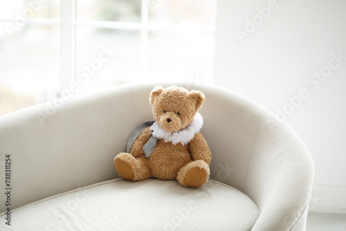 Teddy beige bear sits in a chair