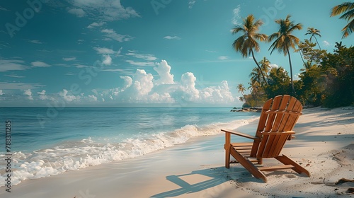 idyllic scene of a beach chair resting on the shores, with the gentle breeze rustling palm trees in the background, captured in high resolution cinematic photography.
