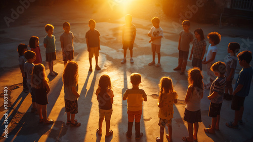 A photo of children in a prayer circle outside their school  lit by the morning sun  emphasizing unity and faith.   natural light  soft shadows  with copy space