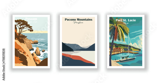 Point Lobos State Natural Reserve, Port St. Lucie, Florida, Possum Kingdom Lake - Vintage travel poster. Vector illustration. High quality prints photo