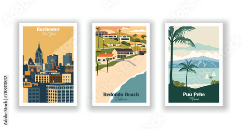 Puu Pehe  Hawaii  Redondo Beach  California  Rochester  New York - Vintage travel poster. Vector illustration. High quality prints