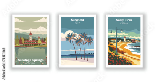 Santa Cruz, California, Sarasota, Florida, Saratoga Springs, New York - Vintage travel poster. Vector illustration. High quality prints photo