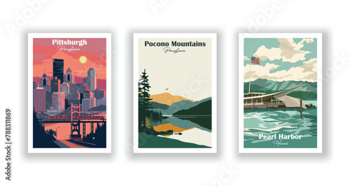 Pearl Harbor, Hawaii, Pittsburgh, Pennsylvania, Pocono Mountains, Pennsylvania - Vintage travel poster. Vector illustration. High quality prints