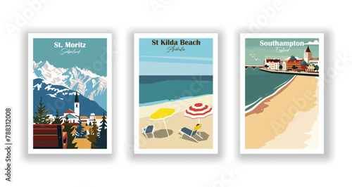 Southampton, England, St Kilda Beach, Australia, St. Moritz, Switzerland - Vintage travel poster. Vector illustration. High quality prints