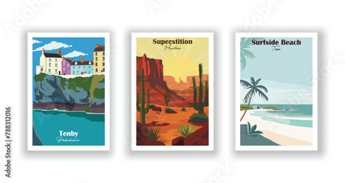 Superstition Mountains, Surfside Beach, Texas, Tenby, Pembrokeshire - Vintage travel poster. Vector illustration. High quality prints