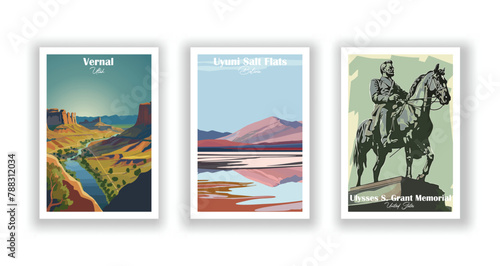 Ulysses S. Grant Memorial, Uyuni Salt Flats, Bolivia, Vernal, Utah - Vintage travel poster. Vector illustration. High quality prints photo