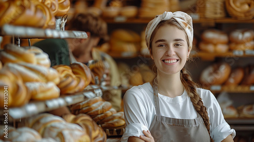 Caucasian young girl work on bakery make bread and sale