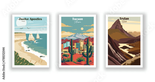 Tryfan, Wales, Tucson, Arizona, Twelve Apostles, Victoria - Vintage travel poster. Vector illustration. High quality prints