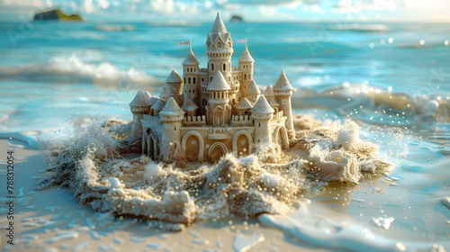 intricate details of a sand castle on the beach, set against the azure blue waters and soft white sands, depicted in realistic high resolution cinematic photography.