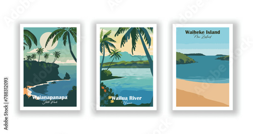 Waianapanapa, State Park, Waiheke Island, New Zealand, Wailua River, Hawaii - Vintage travel poster. Vector illustration. High quality prints