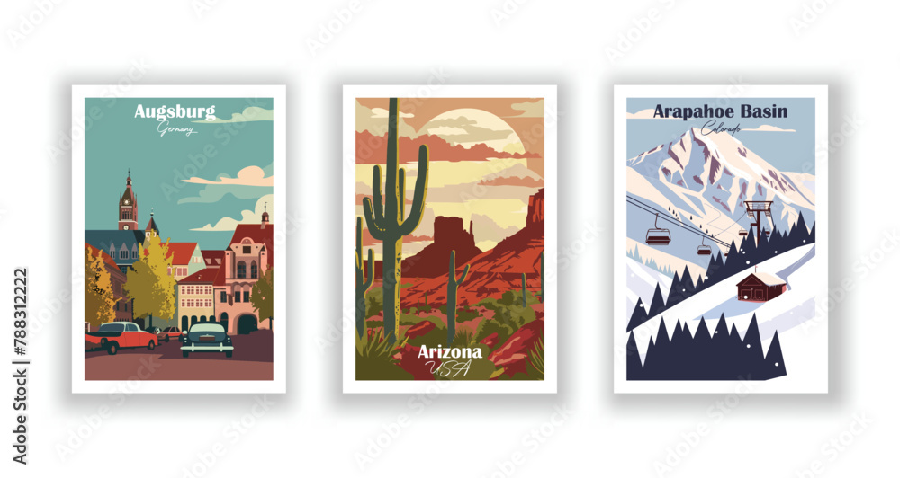 Arapahoe Basin, Colorado, Arizona, USA, Augsburg, Germany - Vintage travel poster. Vector illustration. High quality prints