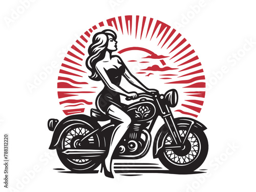 Beautiful young blonde woman on a motorcycle. Red sunset. vintage engraving isolated illustration, icon, retro emblem