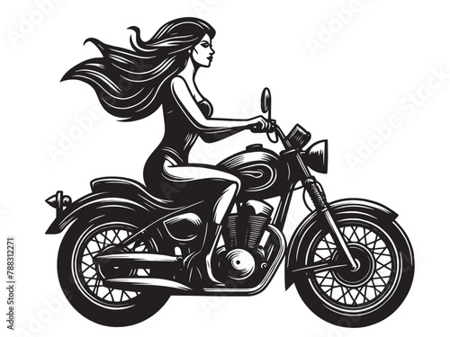 Beautiful young woman riding a motorcycle. vintage engraving isolated illustration, icon, emblem