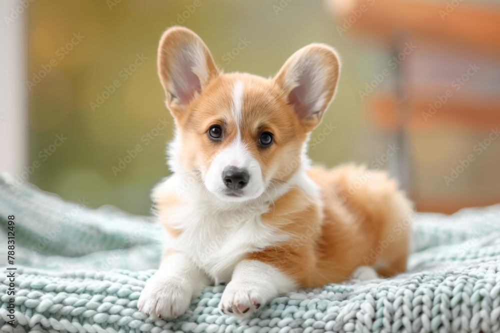 A pembroke welsh corgi puppy with brown and white fur is laying on a blanket A pembroke welsh corgi puppy with brown and white fur is laying on a blanket