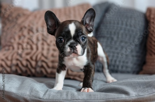 a small boston terrier puppy is standing on a couch