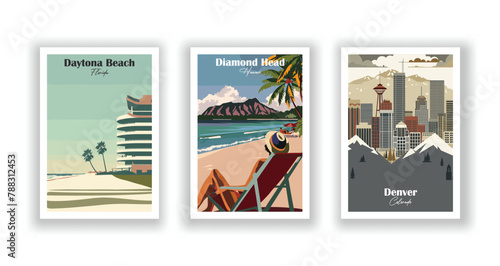 Daytona Beach, Florida, Denver, Colorado, Diamond Head, Hawaii - Vintage travel poster. Vector illustration. High quality prints