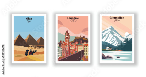 Giza, Egypt, Glasgow, Scotland, Glennallen, Alaska - Vintage travel poster. Vector illustration. High quality prints