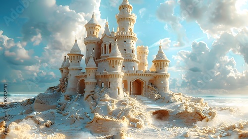 joyous atmosphere of a beach day, featuring a beautifully sculpted sand castle adorned with intricate designs, captured in cinematic high resolution against a backdrop of clear blue skies.