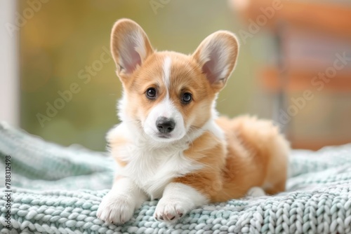 A pembroke welsh corgi puppy with brown and white fur is laying on a blanket