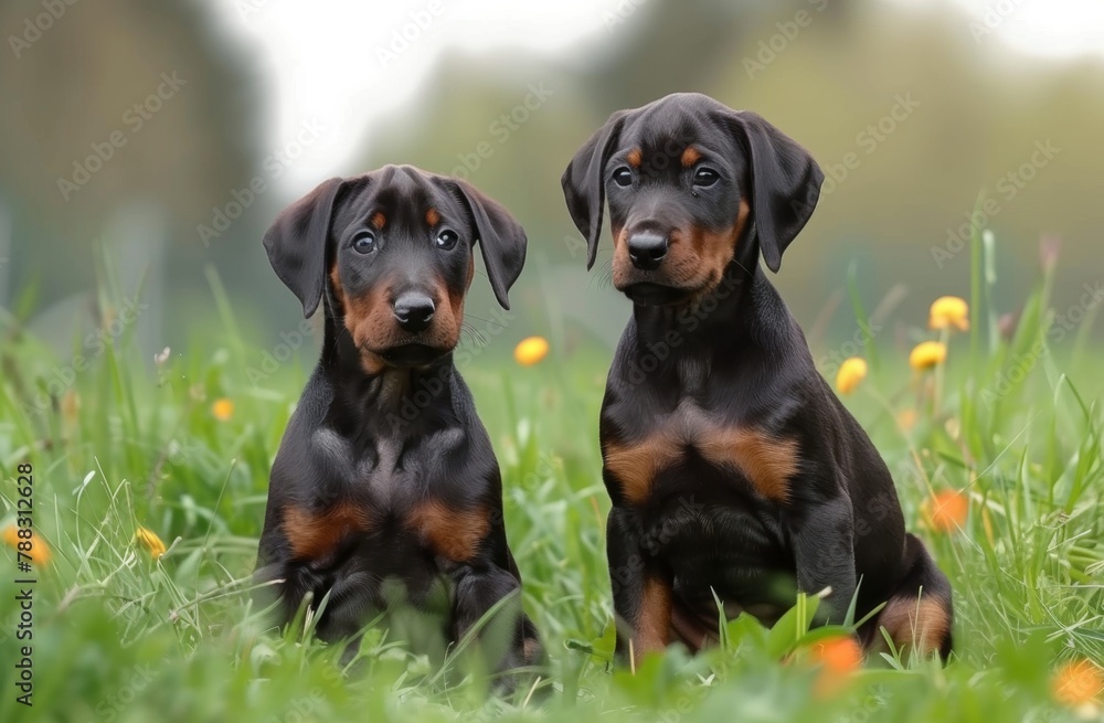 Two doberman pinscher puppies are sitting in a grassy field