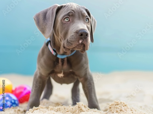 A great dane puppy is standing on the beach with a blue collar