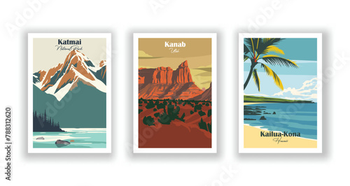 Kailua-Kona, Hawaii, Kanab, Utah, Katmai, National Park - Vintage travel poster. Vector illustration. High quality prints