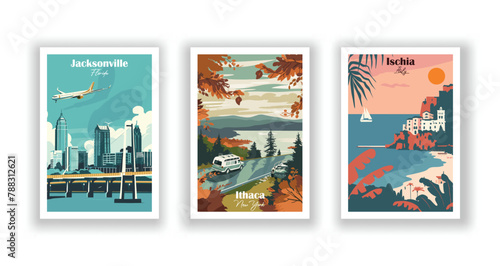 Ischia, Italy, Ithaca, New York, Jacksonville, Florida - Vintage travel poster. Vector illustration. High quality prints