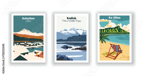Ko Olina, Hawaii, Kodiak, National Wildlife Refuge, Kotzebue, Alaska - Vintage travel poster. Vector illustration. High quality prints